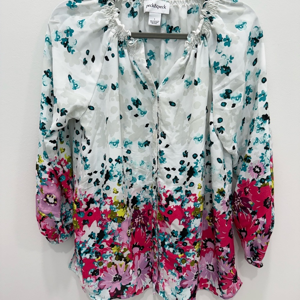 Peck & Peck Floral Blouse - Pink and Blue - elastic long sleeves. Never worn.